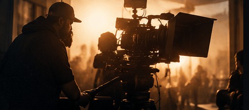 Film production crew and camera at sunset